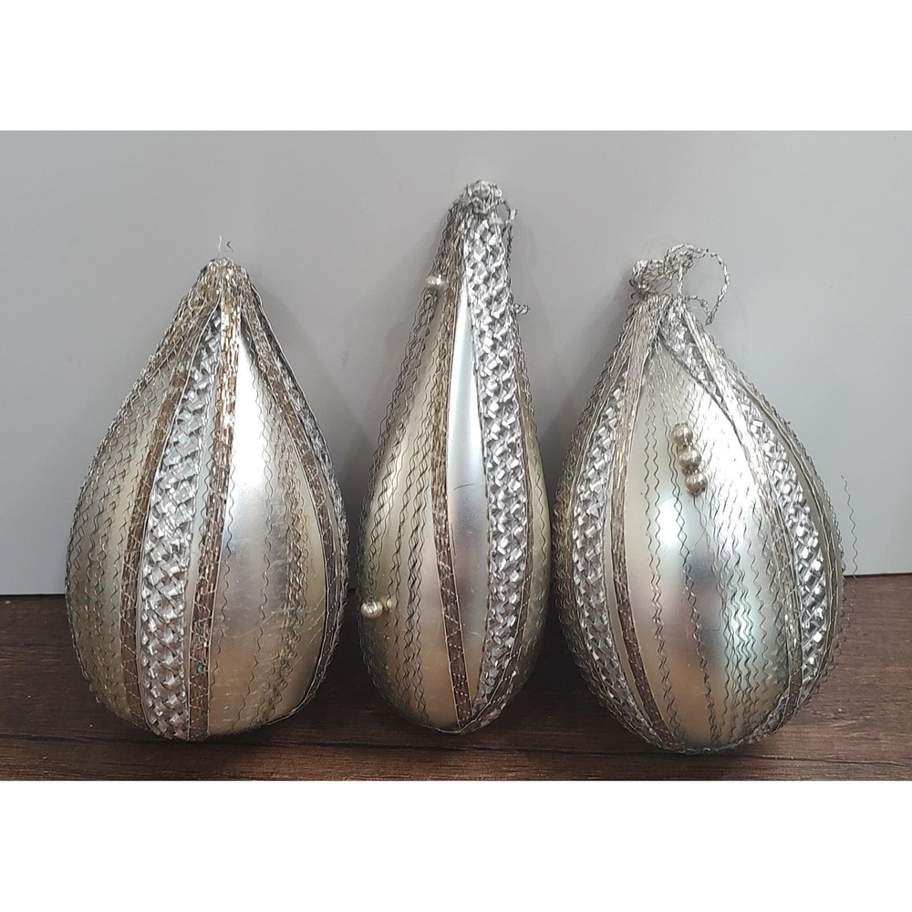 Vintage Teardrop Wire Wrap Silver Mercury Glass Christmas Ornament Lot Of 3 A16